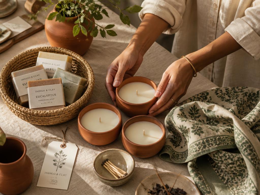 Artisan hands arranging handmade candles and soaps on a linen tablecloth